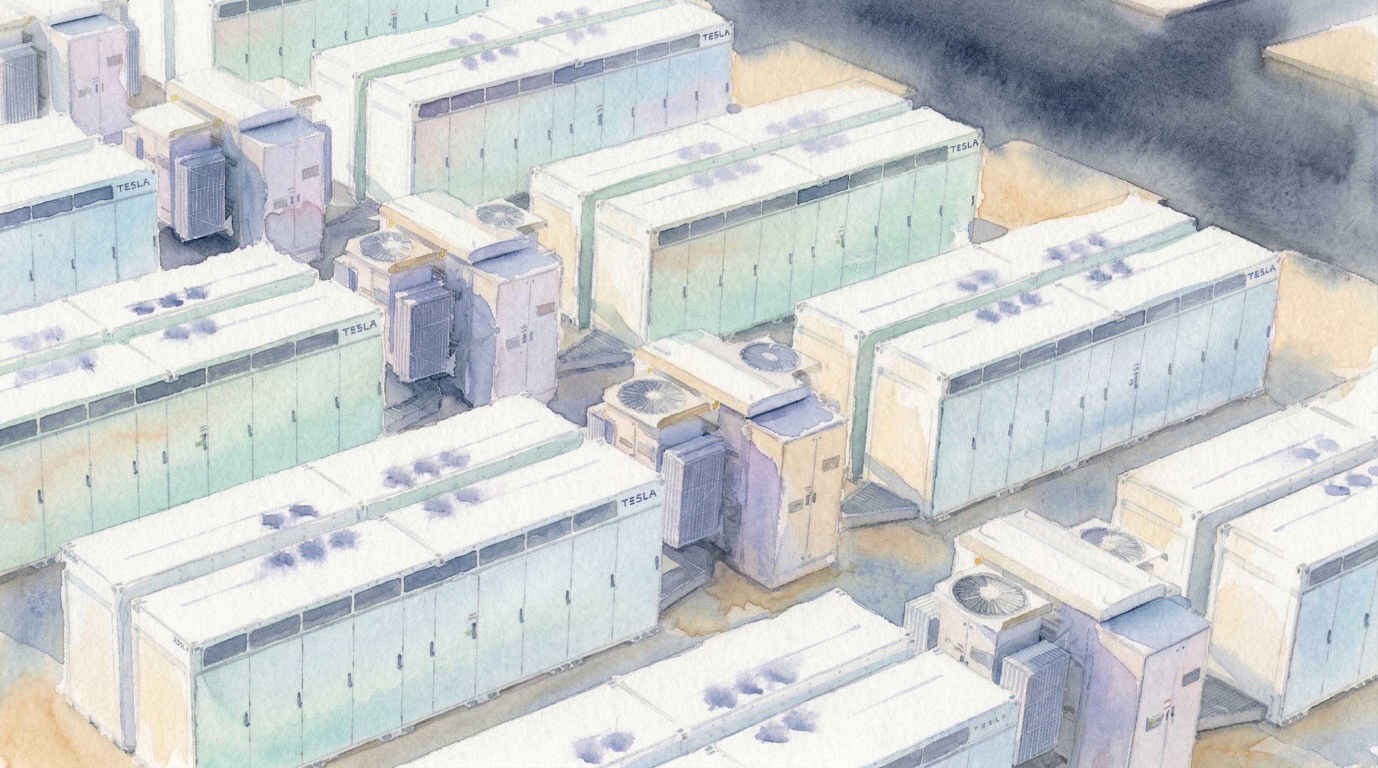 Tesla Megapack units representing layered safety protections