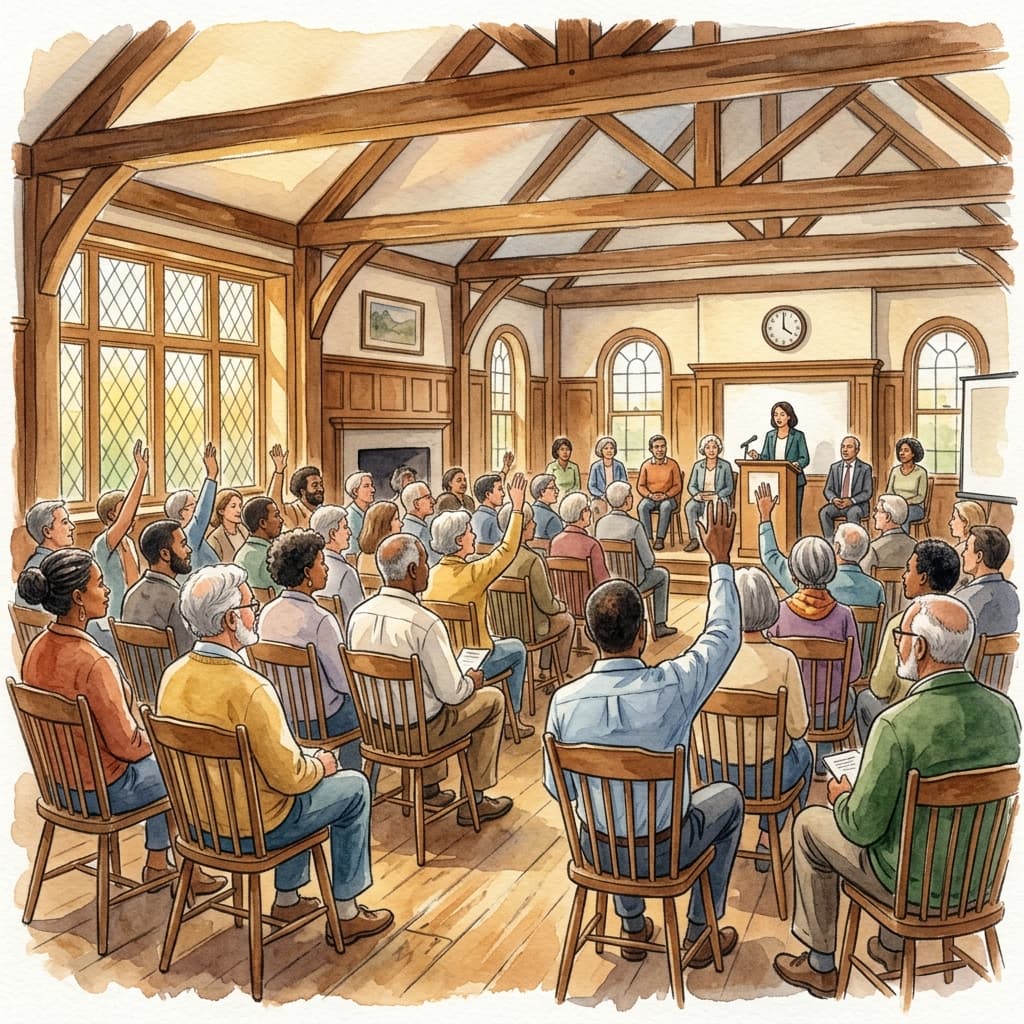 Watercolor illustration of a community town hall meeting