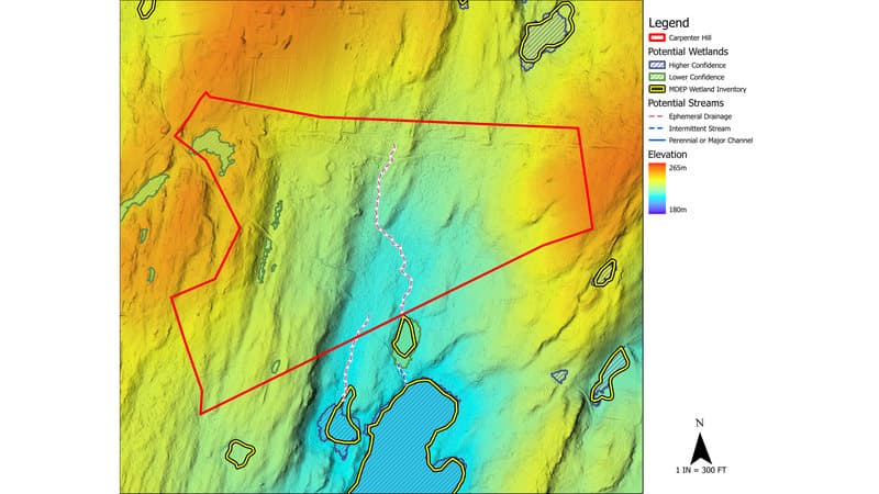 A mapped drainage line that carries water only after rain or snowmelt runs south through the parcel to the wetlands below it, over LiDAR elevation from 180 to 265 metres (about 590 to 870 feet). Desktop terrain analysis, not a field delineation.