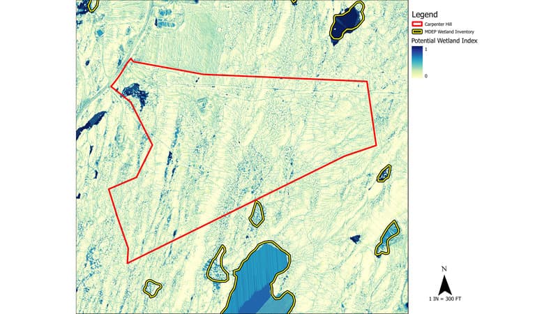 A potential wetland index from 0 to 1 across the parcel and its surroundings, with the MassDEP wetland inventory outlined