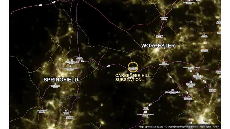 The Carpenter Hill Substation sits between the lights of Springfield and Worcester, on the transmission lines that join them