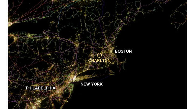 The Northeast grid at night, from Philadelphia and New York to Boston and Maine, with Charlton circled in central Massachusetts
