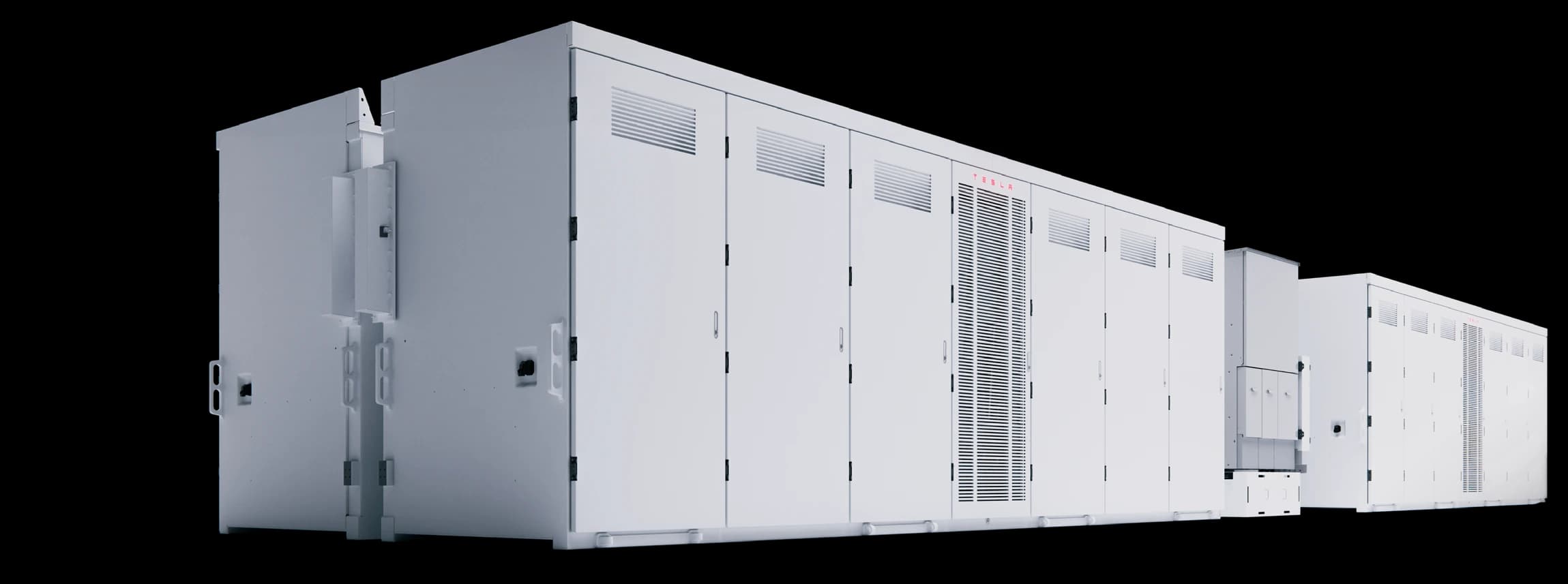 Tesla's product rendering of a Megablock: Megapack 3 battery cabinets in a row with the integrated medium-voltage transformer and switchgear cabinet